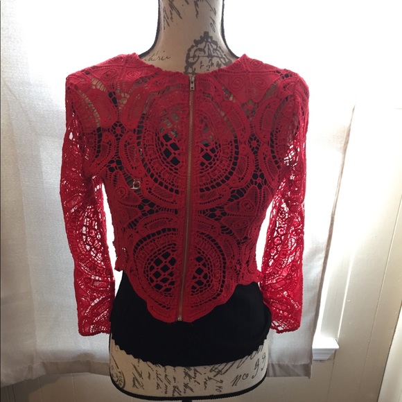 Boohoo Jackets & Blazers - 5/$25 Lace knitted zip up jacket in red size 2